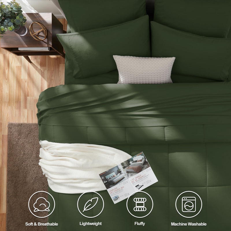 CozyLux Queen Comforter Set Olive Green, 7 Pieces Bed in a Bag, Green Comforters Queen Size, All Season Bedding Sets with Stitch Quilted Comforter, Flat Sheet, Fitted Sheet, Pillowcases - Image 2