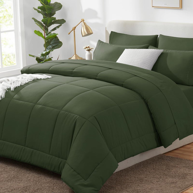 CozyLux Queen Comforter Set Olive Green, 7 Pieces Bed in a Bag, Green Comforters Queen Size, All Season Bedding Sets with Stitch Quilted Comforter, Flat Sheet, Fitted Sheet, Pillowcases - Image 1