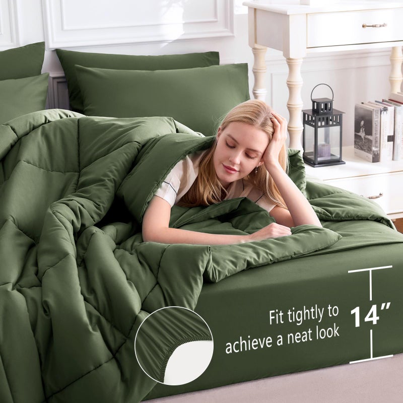 CozyLux Queen Comforter Set Olive Green, 7 Pieces Bed in a Bag, Green Comforters Queen Size, All Season Bedding Sets with Stitch Quilted Comforter, Flat Sheet, Fitted Sheet, Pillowcases - Image 5