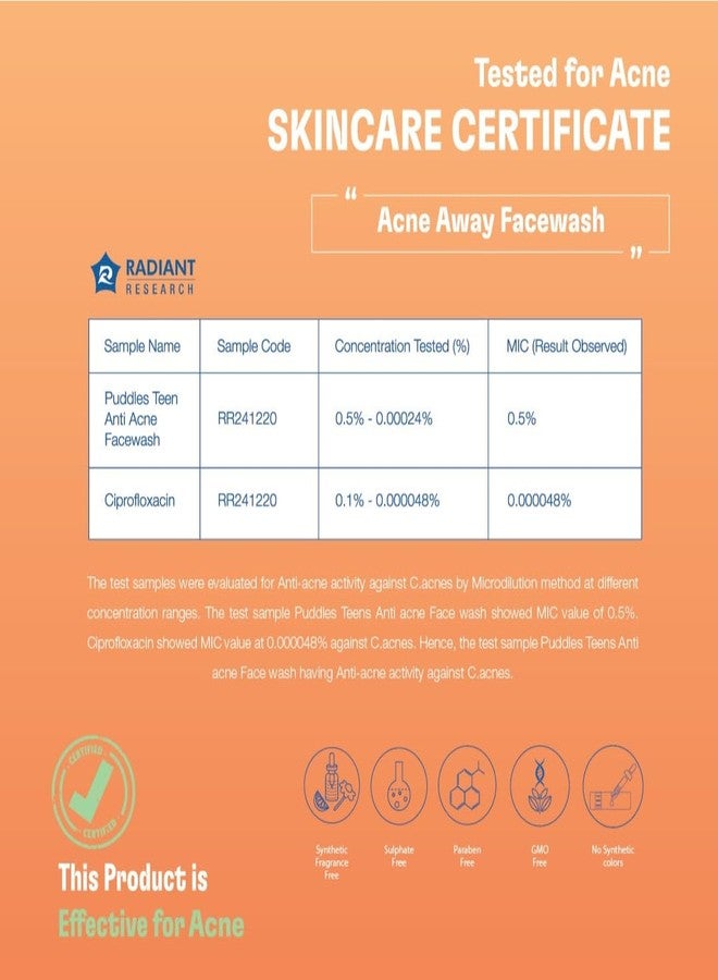 Puddles Teens Care Organic Acne Away Facewash (100 ML) | For Teenagers Age 11+ | Clears & Hydrates Oily, Dry & Sensitive Skin | Willow Bark & Basil | pH Balanced | Cosmos Organic Certified - Image 4