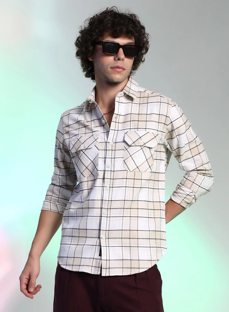 Campus Sutra Men's Saltbox Beige Checkered Utility Shirt