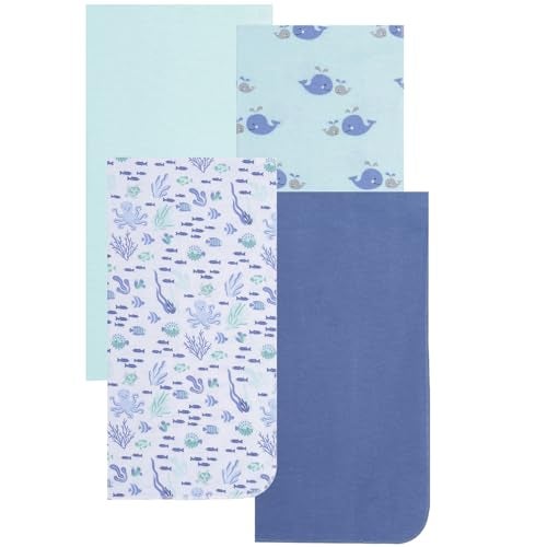EVERYDAY KIDS 4 Pack of Soft Flannel Receiving Baby Blanket Set for Boys Blue Baby Swaddle Blankets for Newborn Baby Boy Nursery with Ocean Animals Fish Octopus Whales Turtles Coral Prints - Image 1