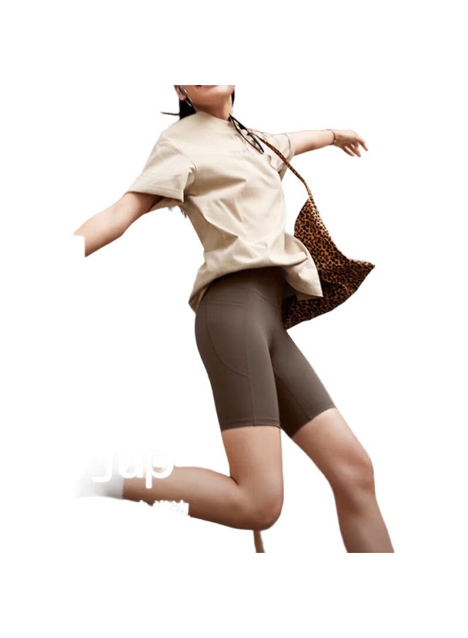 VFU Xingqing Five-Minute Yoga Shorts, Outdoor Sports Cycling Pants, High-Waisted Lifting Tight Shorts, Linen Color, M - Image 1