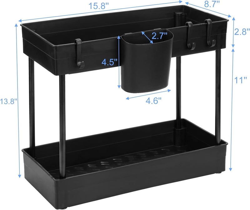 Valajogi 2-Tier Shelf Organizer Large Capacity Cabinet Organizer|Multi-Purpose Under-Sink Storage Drawers for Bathroom & Kitchen|Countertop,4 Hooks for Hanging Cups,Anti-Foot Spice &Cosmetics(35"x5") - Image 2