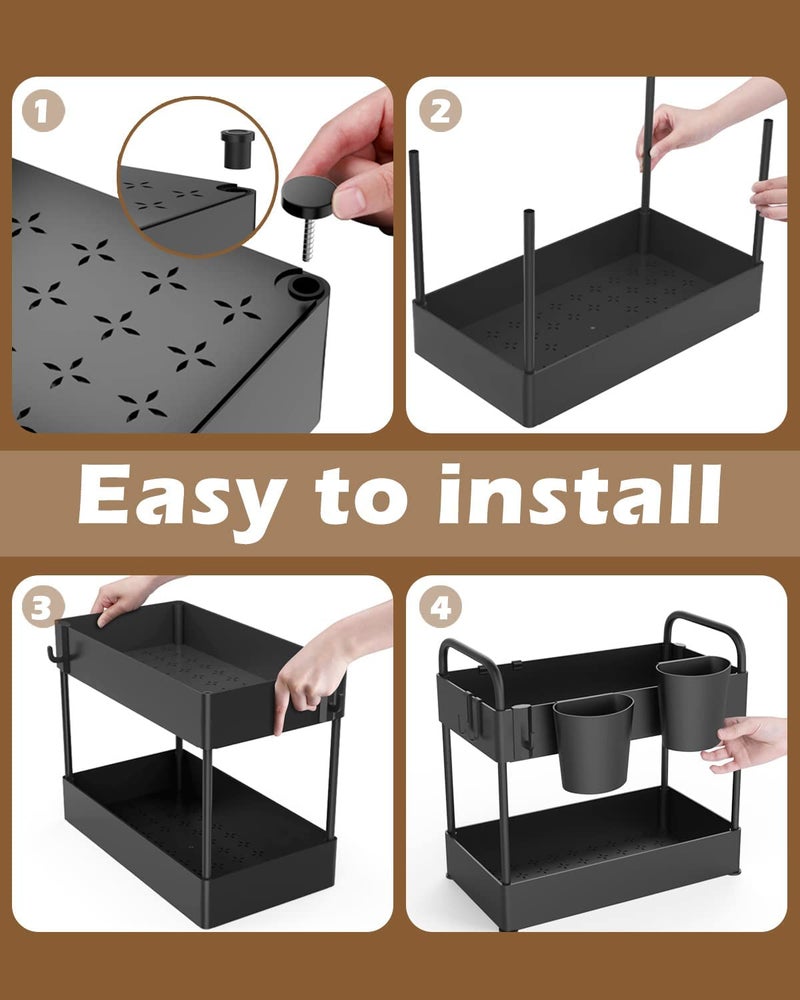 Valajogi 2-Tier Shelf Organizer Large Capacity Cabinet Organizer|Multi-Purpose Under-Sink Storage Drawers for Bathroom & Kitchen|Countertop,4 Hooks for Hanging Cups,Anti-Foot Spice &Cosmetics(35"x5") - Image 4