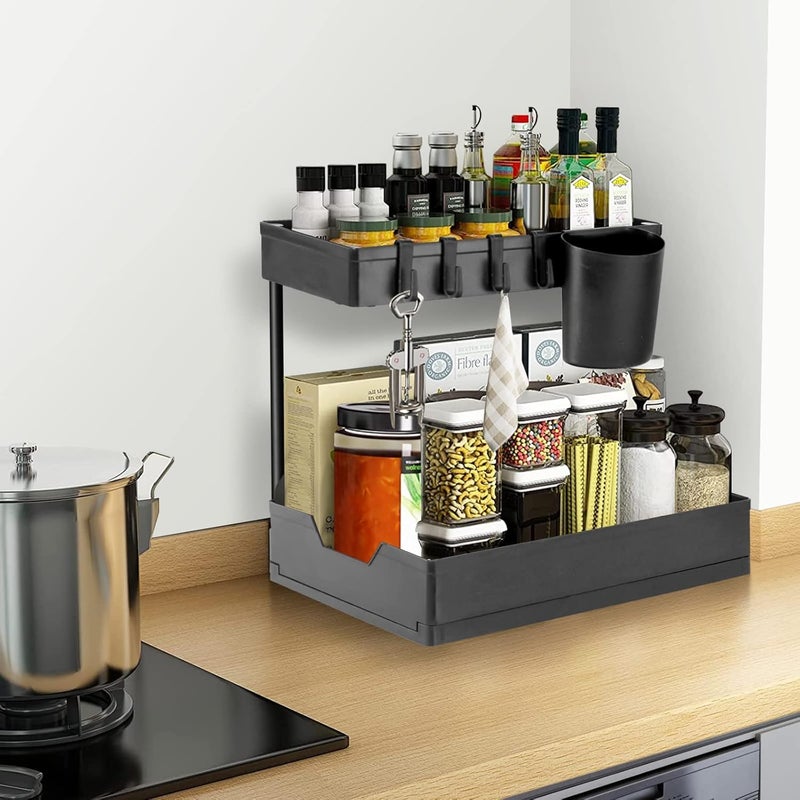 Valajogi 2-Tier Shelf Organizer Large Capacity Cabinet Organizer|Multi-Purpose Under-Sink Storage Drawers for Bathroom & Kitchen|Countertop,4 Hooks for Hanging Cups,Anti-Foot Spice &Cosmetics(35"x5") - Image 5