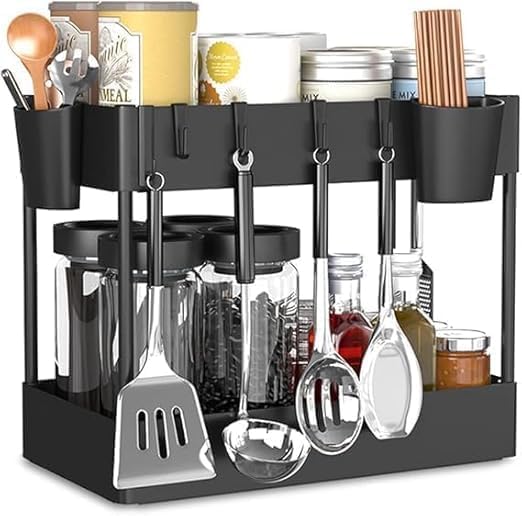 Valajogi 2-Tier Shelf Organizer Large Capacity Cabinet Organizer|Multi-Purpose Under-Sink Storage Drawers for Bathroom & Kitchen|Countertop,4 Hooks for Hanging Cups,Anti-Foot Spice &Cosmetics(35"x5") - Image 1
