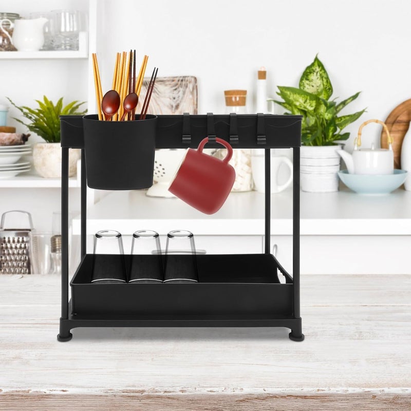 Valajogi 2-Tier Shelf Organizer Large Capacity Cabinet Organizer|Multi-Purpose Under-Sink Storage Drawers for Bathroom & Kitchen|Countertop,4 Hooks for Hanging Cups,Anti-Foot Spice &Cosmetics(35"x5") - Image 3