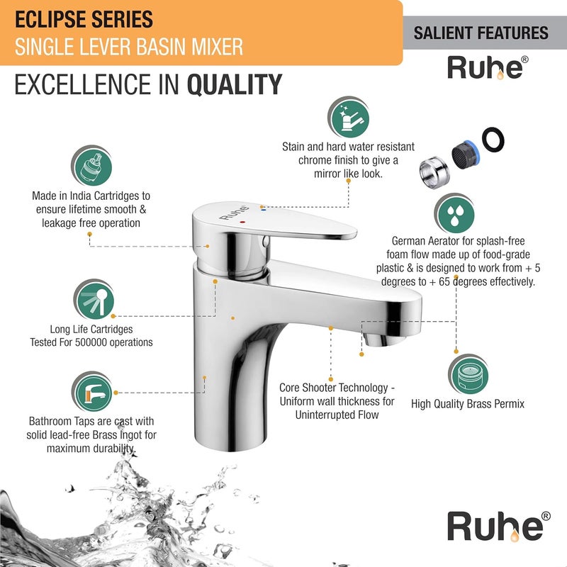 Ruhe Eclipse Single Lever Basin Mixer Brass Faucet Hot Cold FaucetTap Water Tap with Chrome Finish for Sinks Wash Basins Brass Tap - Image 3