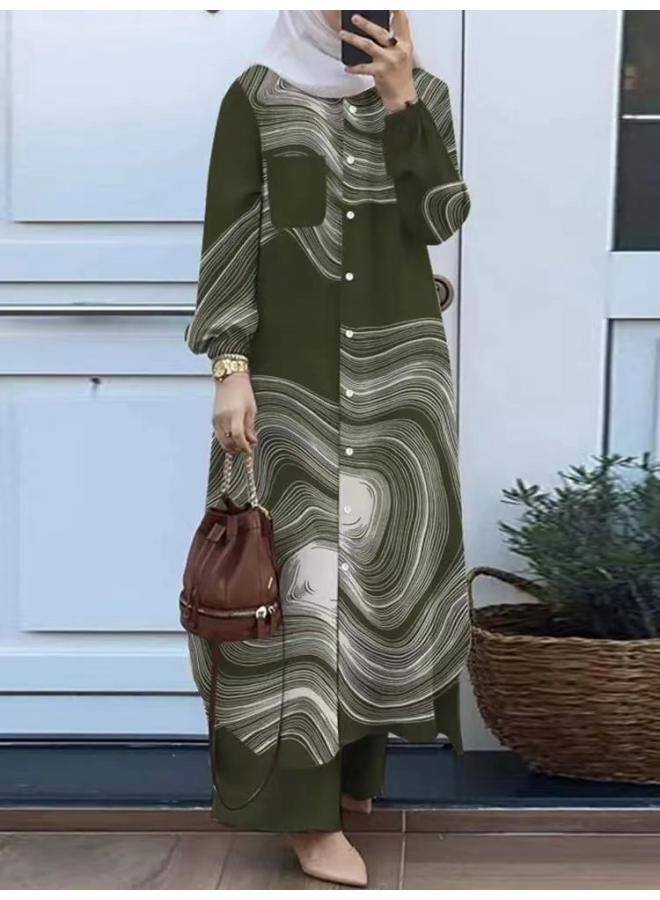 VUELO Muslim Temperament Collage Cardigan Long Sleeve Lapel Cross Border Blouse Trousers Suit - Image 3