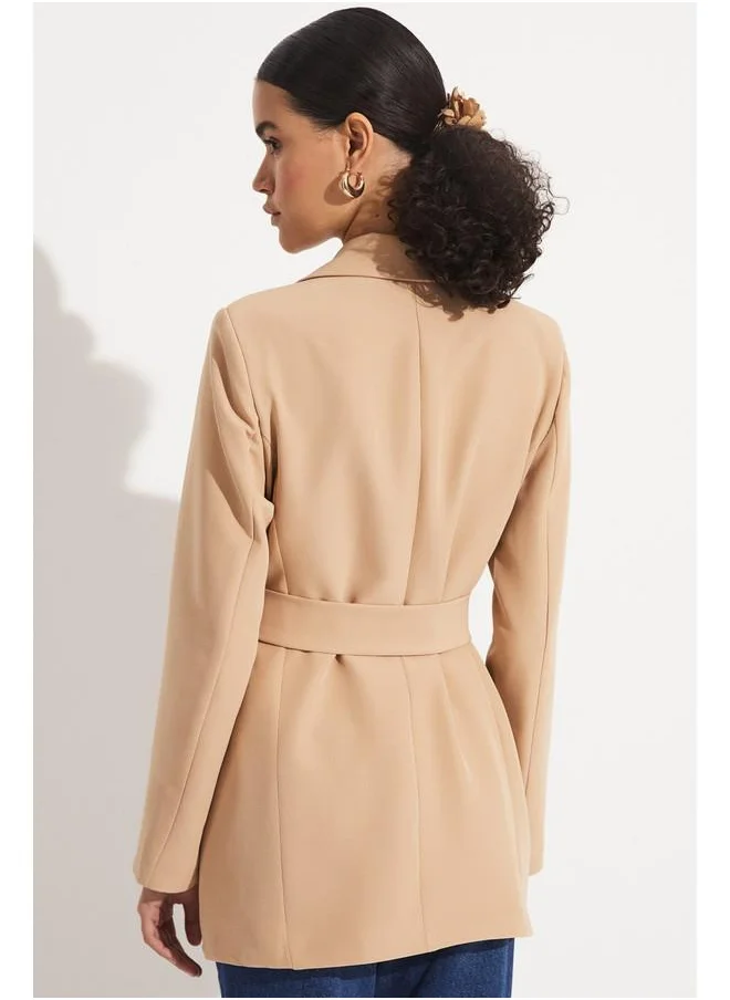 جون June Tie Detailed Blazer Jacket Beige