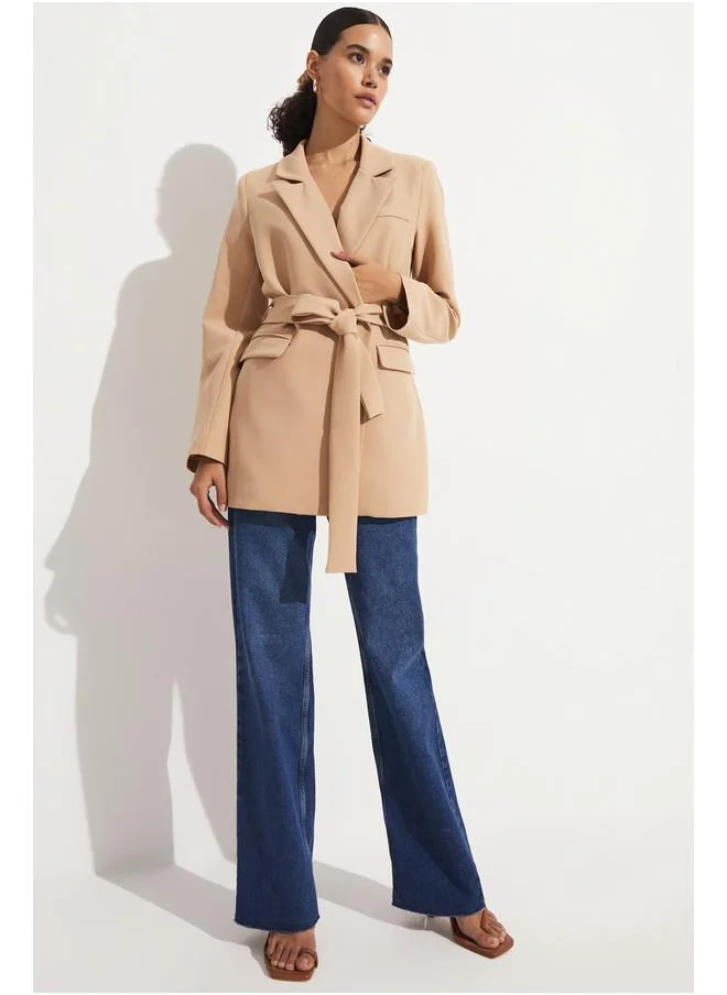 جون June Tie Detailed Blazer Jacket Beige