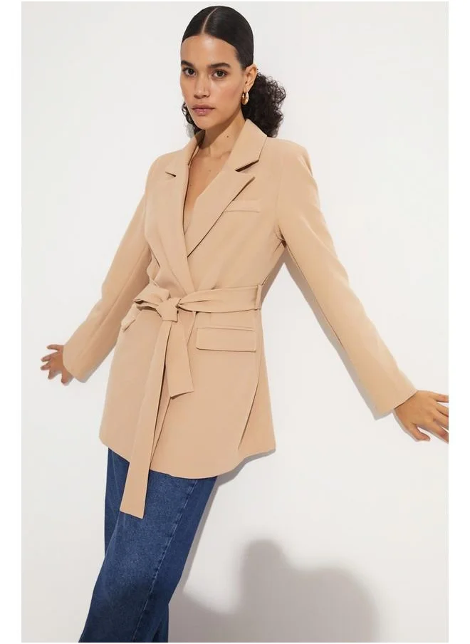 جون June Tie Detailed Blazer Jacket Beige