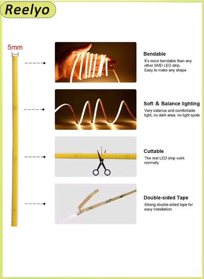 Reelyo USB COB LED Strip Lights WaterProof Warm White Light Led TV Backlight 12V 9W WaterProof LED Strip Lights, 5M LED Strip Kit, Super Bright LED Tape Lights USB Powered Flexible Under Cabinet Light for Bedroom,Kitchen,Home Vanity Mirror Lighting Decor Bedroom Cabinet Boat Decor And Party Dance Floor Bar Disco Atmosphere - Image 4