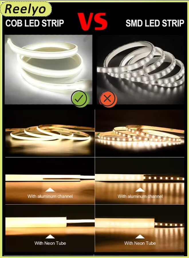 Reelyo USB COB LED Strip Lights WaterProof Warm White Light Led TV Backlight 12V 9W WaterProof LED Strip Lights, 5M LED Strip Kit, Super Bright LED Tape Lights USB Powered Flexible Under Cabinet Light for Bedroom,Kitchen,Home Vanity Mirror Lighting Decor Bedroom Cabinet Boat Decor And Party Dance Floor Bar Disco Atmosphere - Image 3