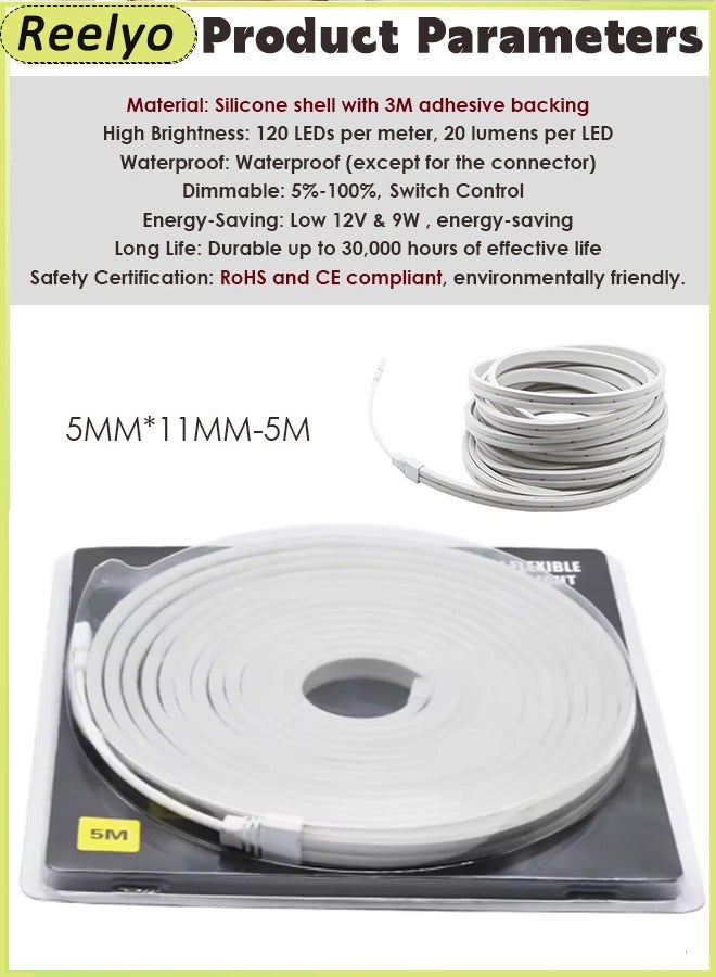 Reelyo USB COB LED Strip Lights WaterProof Warm White Light Led TV Backlight 12V 9W WaterProof LED Strip Lights, 5M LED Strip Kit, Super Bright LED Tape Lights USB Powered Flexible Under Cabinet Light for Bedroom,Kitchen,Home Vanity Mirror Lighting Decor Bedroom Cabinet Boat Decor And Party Dance Floor Bar Disco Atmosphere - Image 2