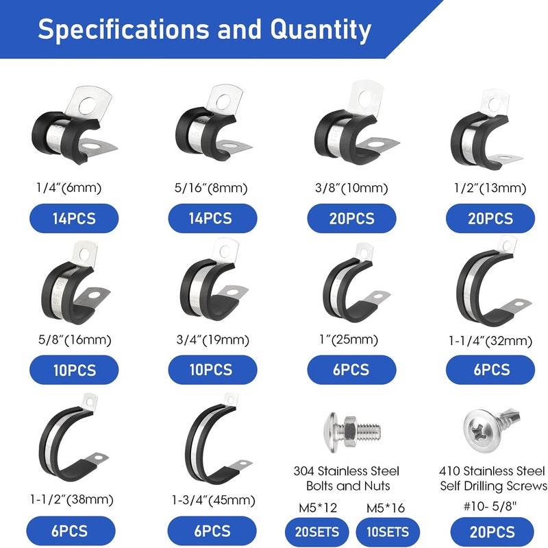 Nicalas 232 PCS Cable Clamps Assortment Kit with Stainless Steel Screws,304 Stainless Steel Rubber Cushioned Insulated P Clamps Assortment 10 Sizes:1/4" 5/16" 3/8" 1/2" 5/8" 3/4" 1" 1-1/4" 1-1/2" 1-3/4" - Image 2