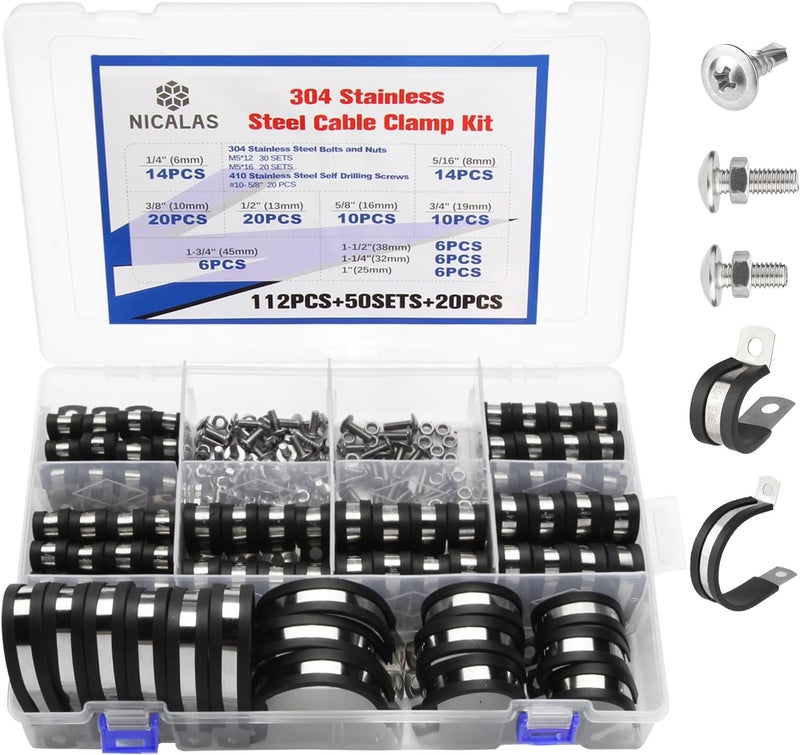 Nicalas 232 PCS Cable Clamps Assortment Kit with Stainless Steel Screws,304 Stainless Steel Rubber Cushioned Insulated P Clamps Assortment 10 Sizes:1/4" 5/16" 3/8" 1/2" 5/8" 3/4" 1" 1-1/4" 1-1/2" 1-3/4" - Image 1