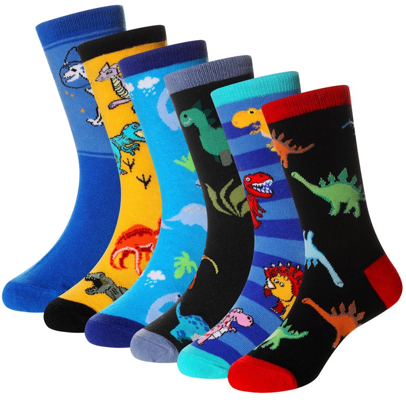 SeeyAN Boys Socks Kids Funny Cotton Novelty Crew Cartoon Space Dinosaur Crazy Socks 6 Pairs (6 Pairs Dinosaur B, 6-8 Years) - Image 1