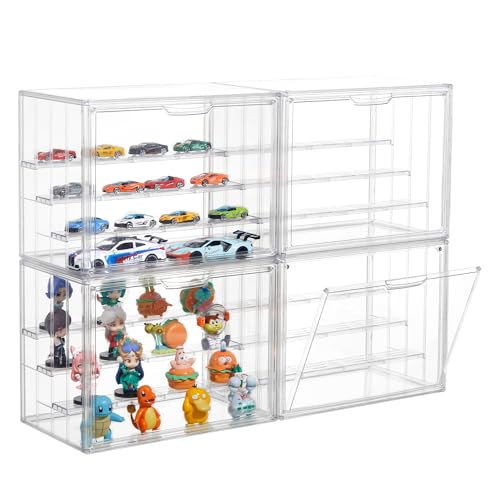 Attelite Acrylic Display CaseUpgrade 4 Tiers Clear Display Case with 3 Adjustable Divider 4 Pack Stackable Large Storage Box with Magnetic Door for Collectibles Action Figures - Image 1