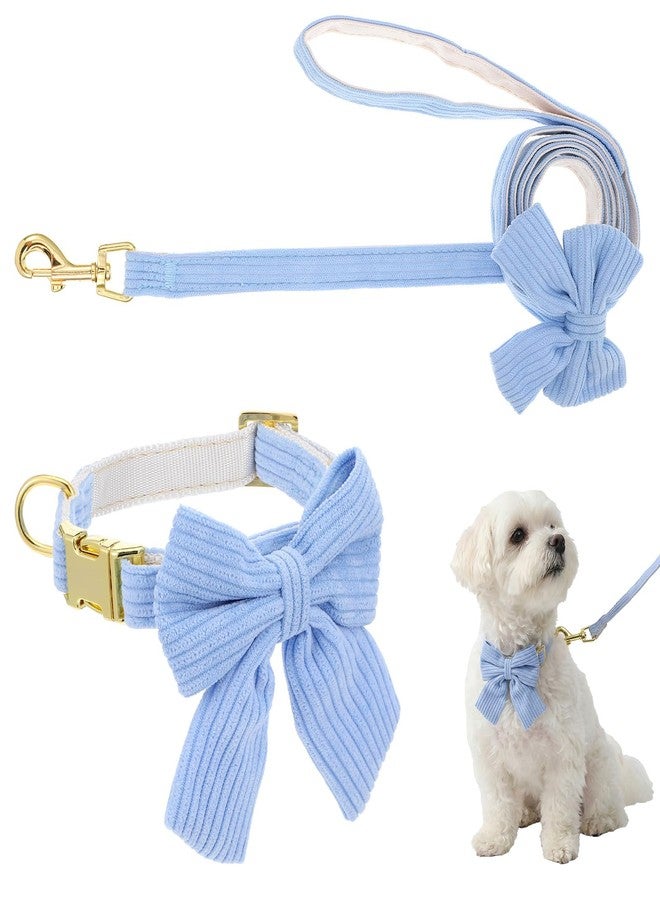 BOHUIZ Puppy Collar and Leash Set, Adjustable Cute Soft Corduroy Bowtie Puppy Collars and Matching Leash with Metal Buckle for Small Medium Dogs Cats(Blue, S) - Image 1