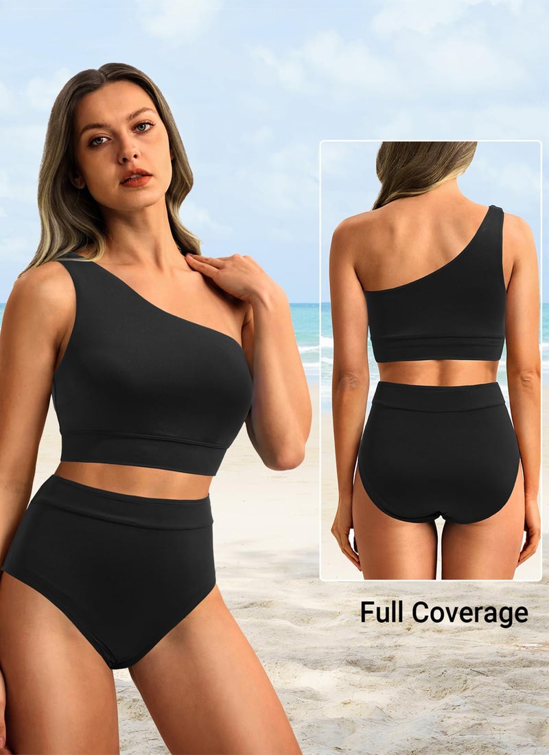 Holipick Black Women One Shoulder High Waisted Bikini Sets Two Piece Swimsuit Tummy Control Bathing Suit Full Coverage Swimwear M - Image 2