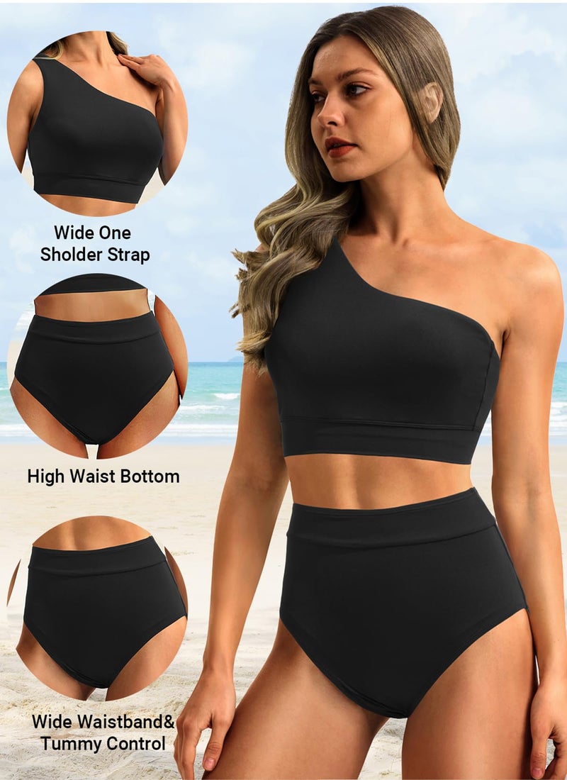 Holipick Black Women One Shoulder High Waisted Bikini Sets Two Piece Swimsuit Tummy Control Bathing Suit Full Coverage Swimwear M - Image 3