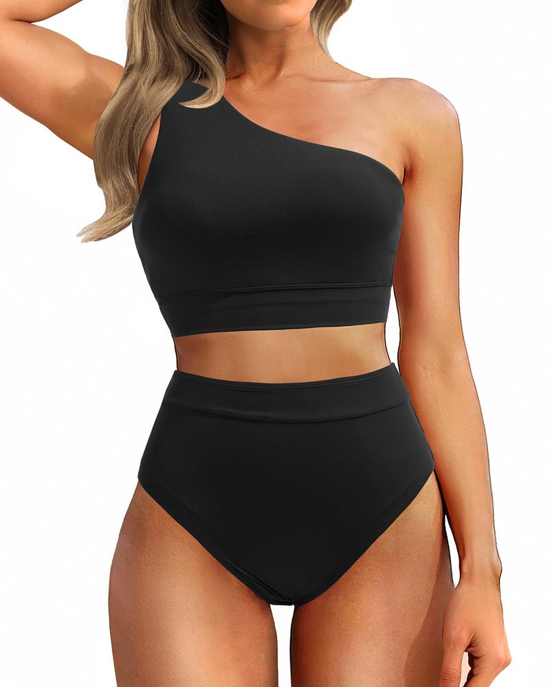 Holipick Black Women One Shoulder High Waisted Bikini Sets Two Piece Swimsuit Tummy Control Bathing Suit Full Coverage Swimwear M - Image 1