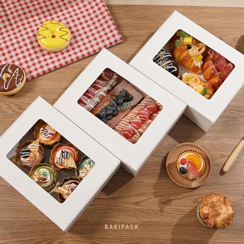 BAKIPACK 25 White Bakery Boxes with Window, 9x7x2.5 Inches Cake Boxes with Window, Treat Boxes for Small Bakery, Dessert, Candy, Cookies, Pastry, Party Favors, Wedding Cake - Image 5