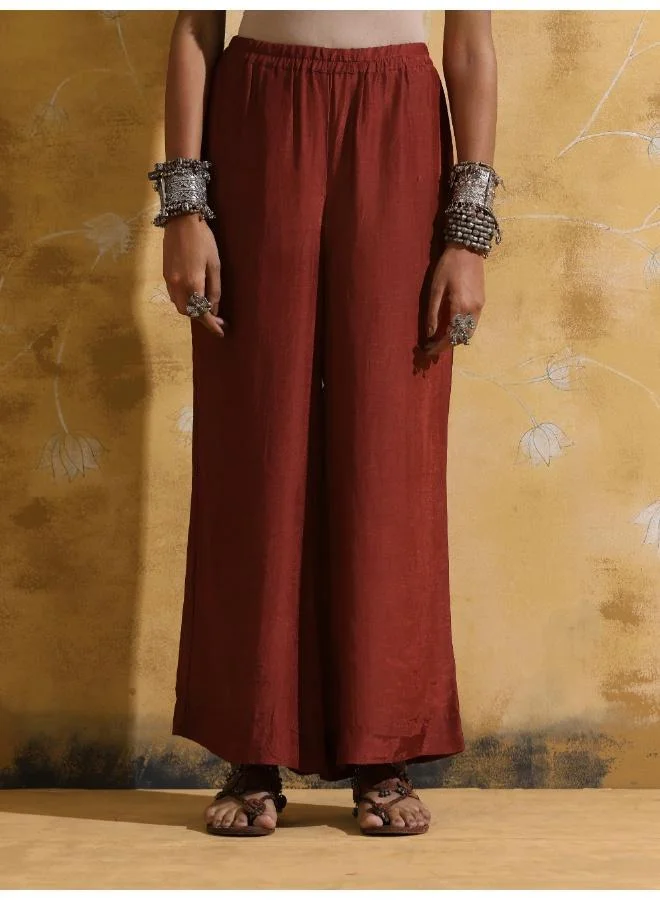 trueBrowns trueBrowns Rust Red Green Floral Print Muslin Silk Co-ord Set with Flared Pants