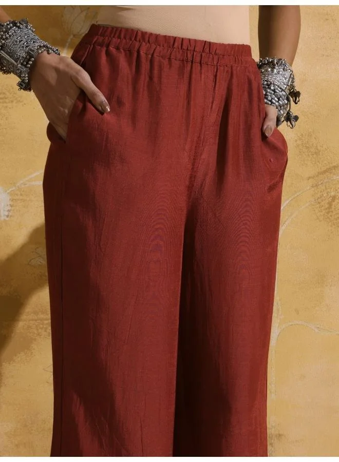 trueBrowns trueBrowns Rust Red Green Floral Print Muslin Silk Co-ord Set with Flared Pants