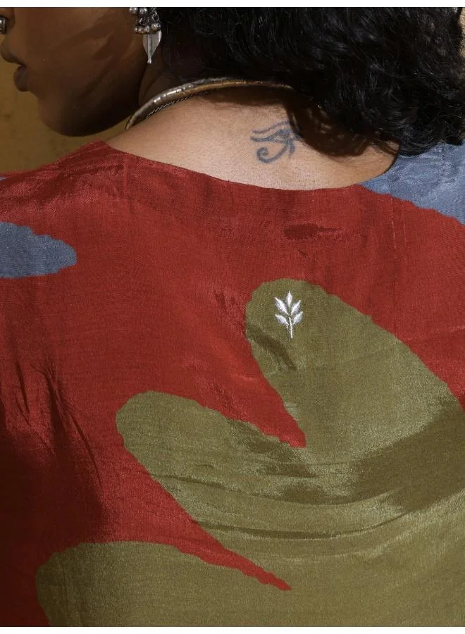 trueBrowns  trueBrowns Rust Red Green Floral Print Muslin Silk Co-ord Set with Flared Pants for Women | Best Price UAE