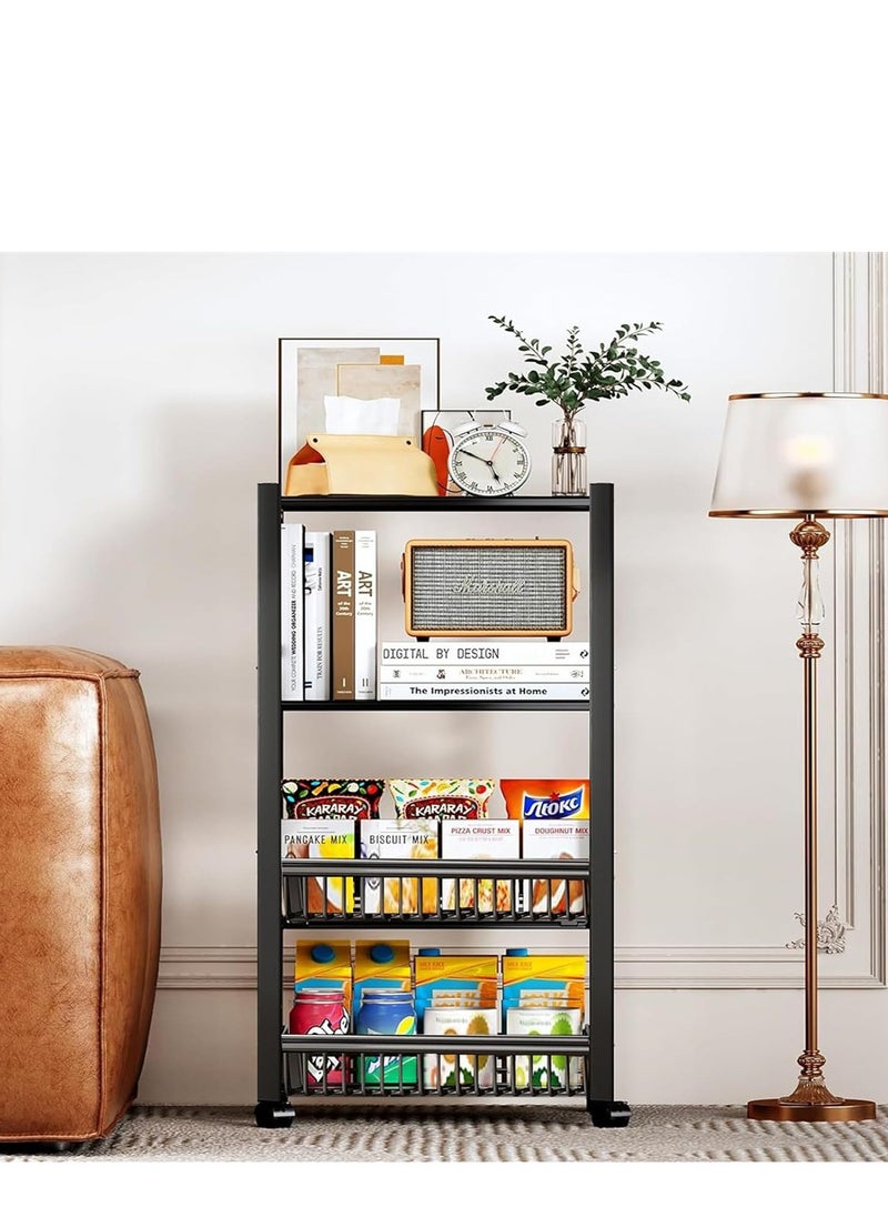 DMG TECH - Storage Shelves on Wheels, 4 Tier Shelves for Storage, Heavy Duty Standing Shelf Units, Storage Baskets Shelves for Small Spaces, With 4 Hooks, Storage Rack for Garage, Kitchen, Basement - Image 1
