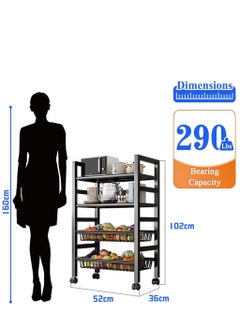 DMG TECH Storage Shelves on Wheels, 4 Tier Shelves for Storage, Heavy Duty Standing Shelf Units, Storage Baskets Shelves for Small Spaces, With 4 Hooks, Storage Rack for Garage, Kitchen, Basement  - Image 3