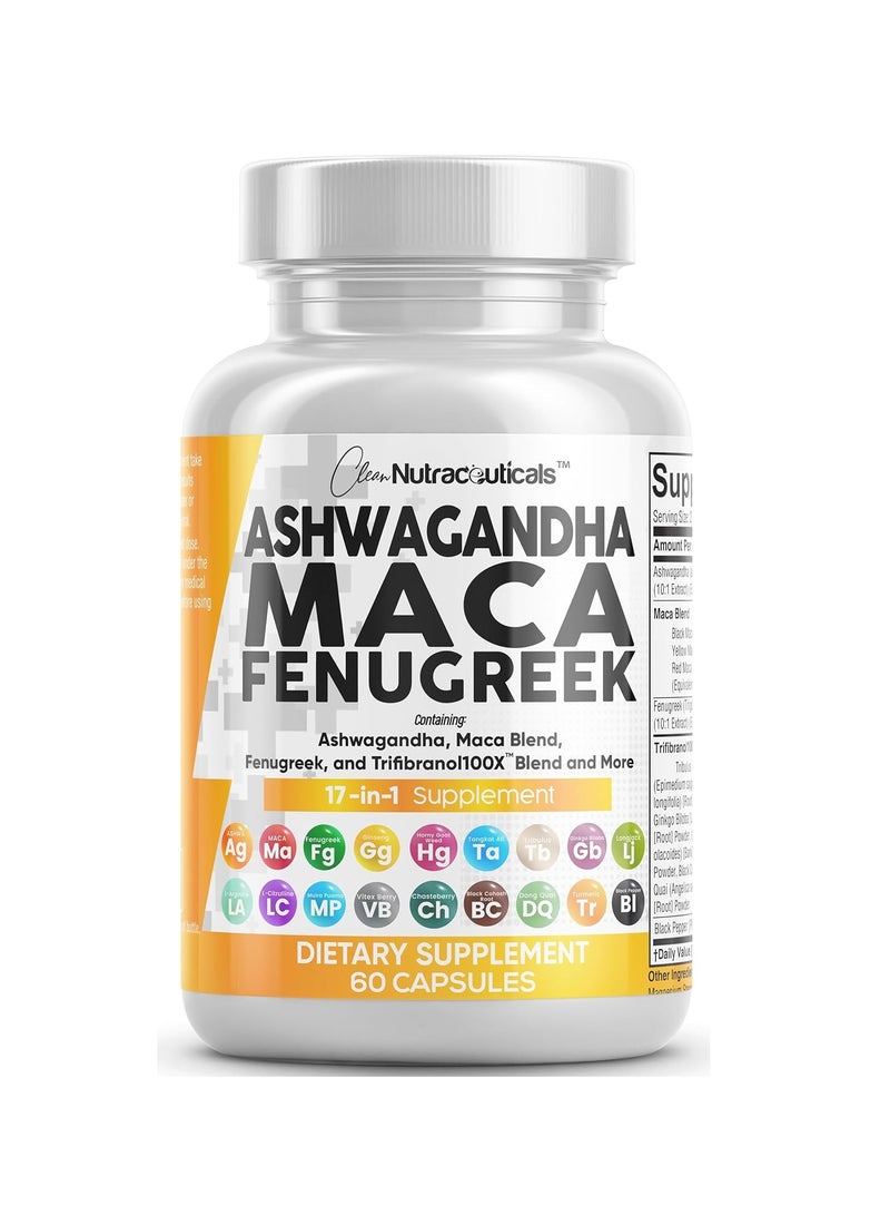 Clean Nutraceuticals Ashwagandha Maca Fenugreek 17 in 1 supplement 60 Capsules - Image 1
