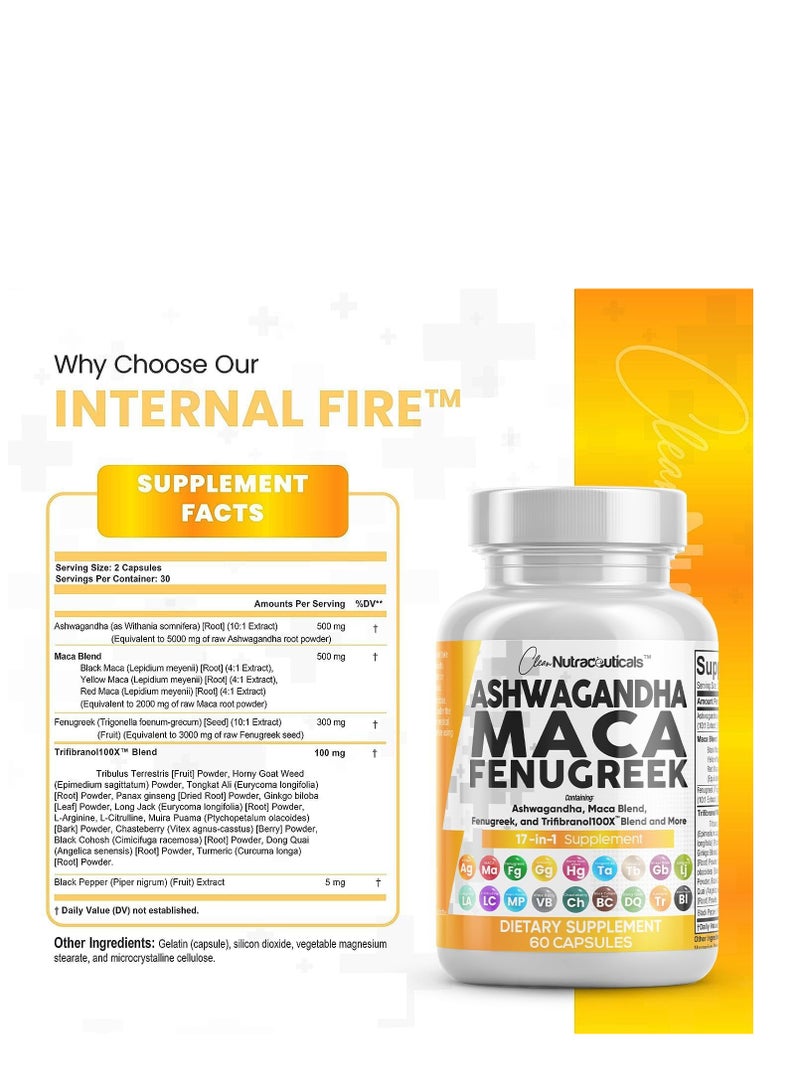 Clean Nutraceuticals Ashwagandha Maca Fenugreek 17 in 1 supplement 60 Capsules - Image 3