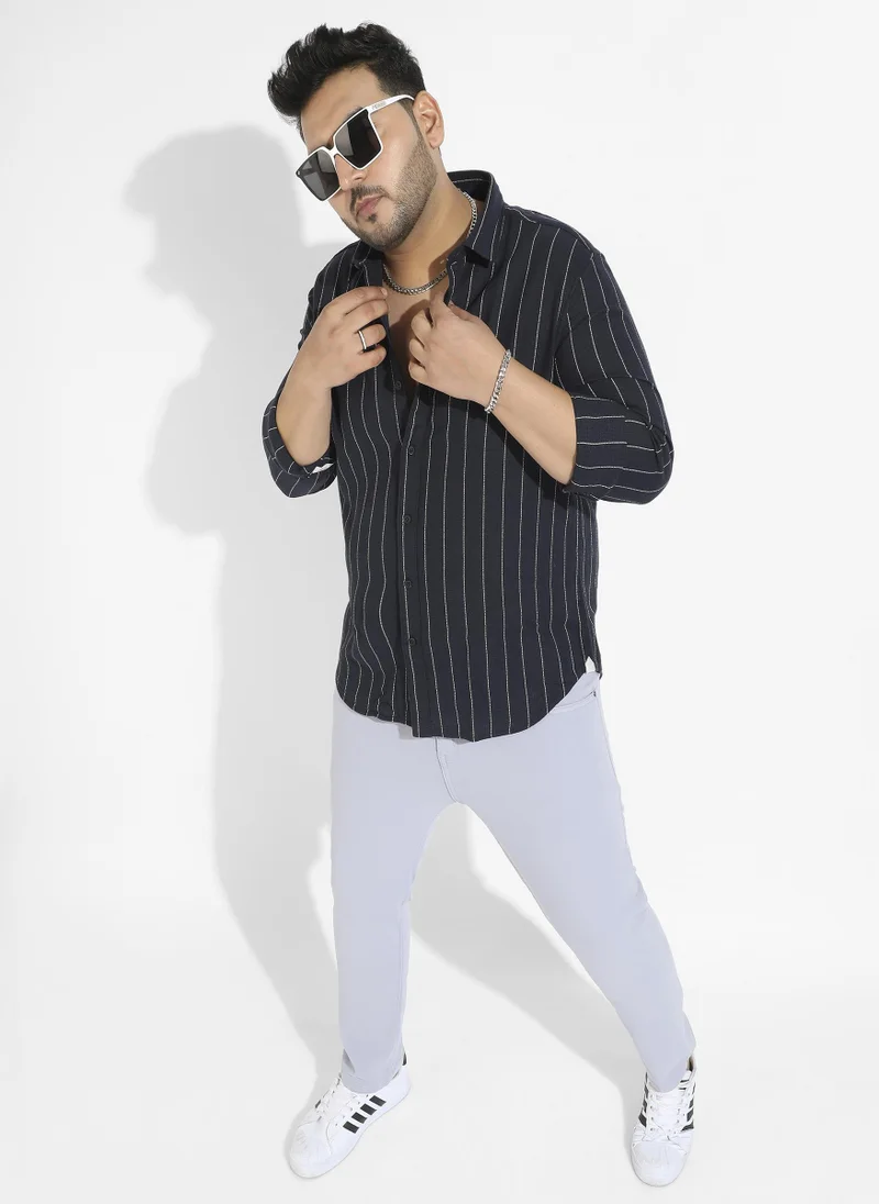 Instafab Plus Men's Navy Blue Shadow Striped Shirt