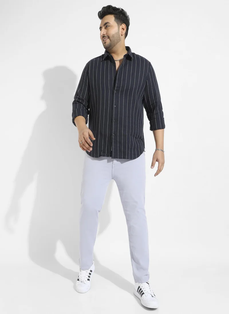 Instafab Plus Men's Navy Blue Shadow Striped Shirt