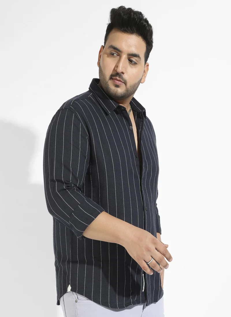 Instafab Plus Men's Navy Blue Shadow Striped Shirt