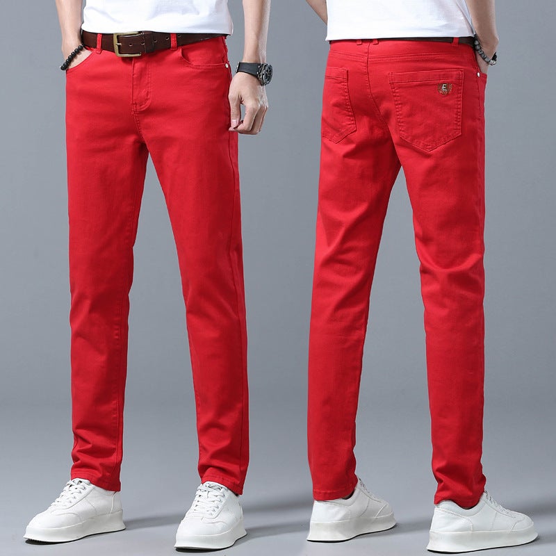 Yellow Embroidered Solid Color Jeans Mens Korean-style Trendy Slim-fit Stretch Straight Pants Trendy Brand Casual All-match Long Pants 9802#Red 