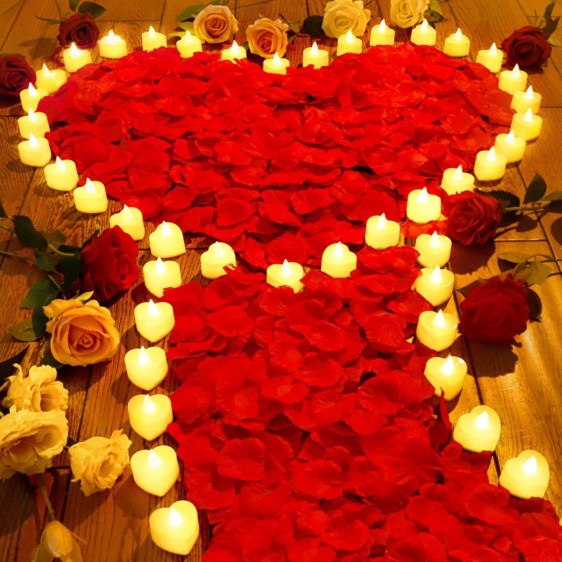 JMUQ 7000 Pieces Artificial Rose Petals with 72 Pieces Romantic Heart Led Tealight Candles, Rose Petals and Candles Set for Weddings Anniversaries Proposals Decor(Warm White Light) - Image 1