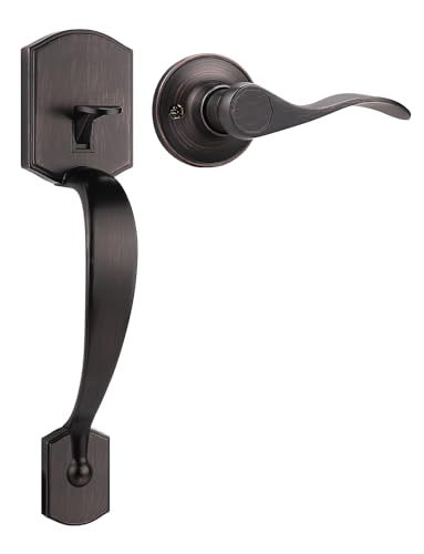 Tinewa Camelot Trim Lower Half Handleset Oil Rubbed Bronze Finish Upgated Entry Door Handle with Accent Wave Door Lever for Electronic Keypad with Drop Interior Left Handed Lever - Image 1