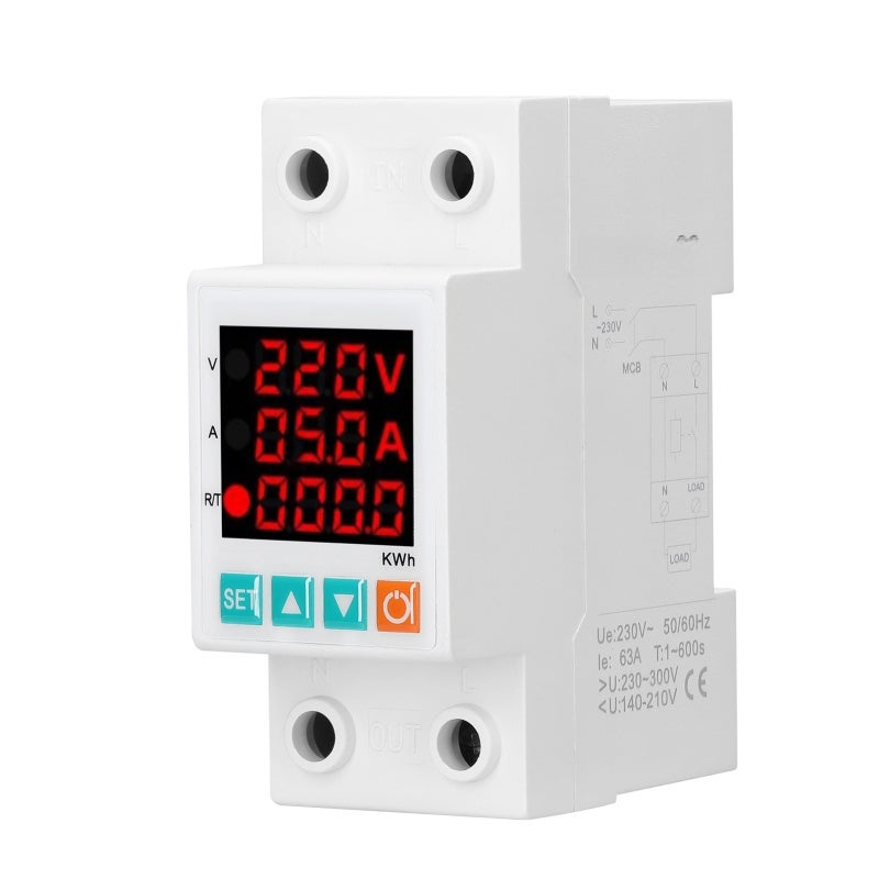 Voltage Protector: White CHLT-63, Real-time Household Electricity Safety Protection, Customizable Current Limit - 3-display Clear Voltage Current & Electric Degree View, Self-resetting for Home Dormit - Image 1