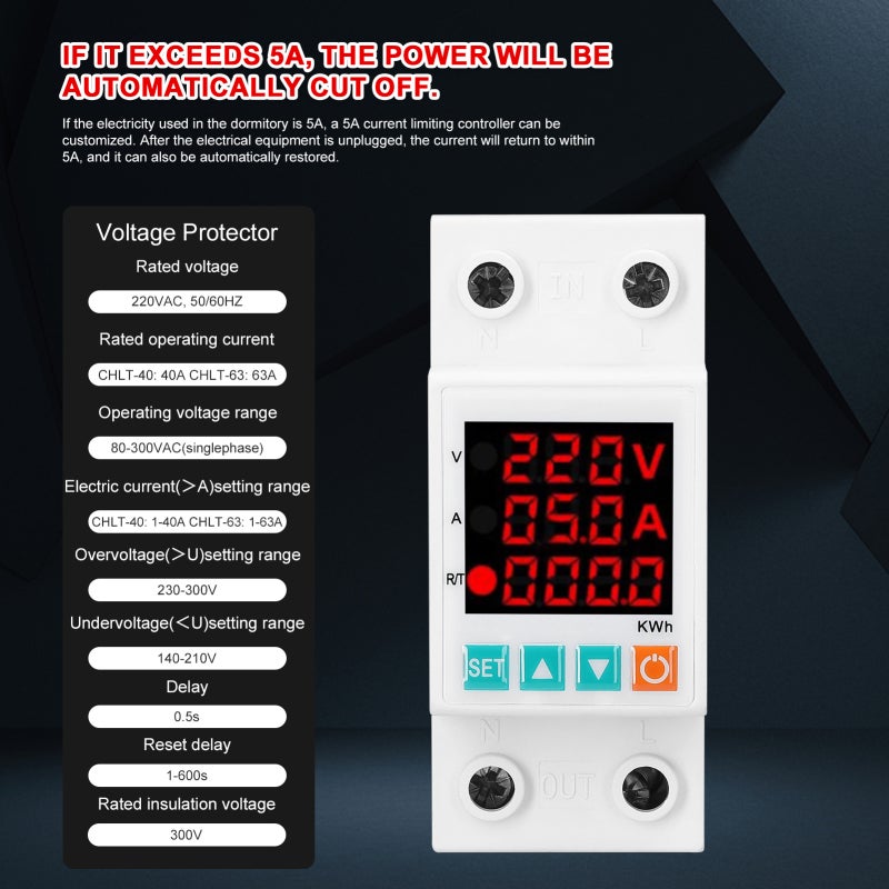 Voltage Protector: White CHLT-63, Real-time Household Electricity Safety Protection, Customizable Current Limit - 3-display Clear Voltage Current & Electric Degree View, Self-resetting for Home Dormit - Image 2