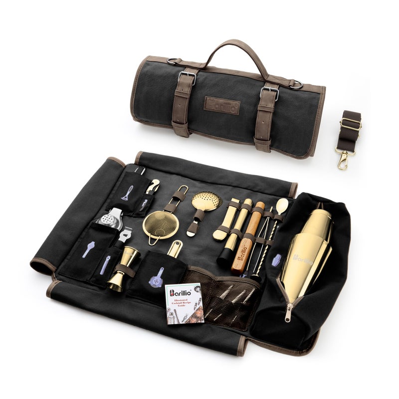 Barillio Bartender Kit Bag with Gold Cocktail Shaker Set Waxed Canvas Traveling Bar Tools Bag with 17Pc Cocktail Kit Travel Mixology Bartending Kits Mobile Bar Roll with Strap Accessories - Image 2