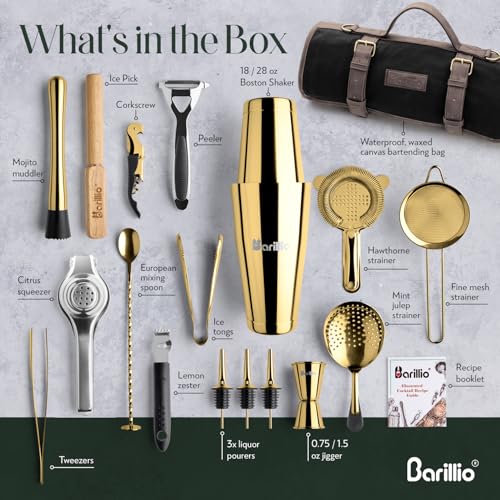 Barillio Bartender Kit Bag with Gold Cocktail Shaker Set Waxed Canvas Traveling Bar Tools Bag with 17Pc Cocktail Kit Travel Mixology Bartending Kits Mobile Bar Roll with Strap Accessories - Image 3