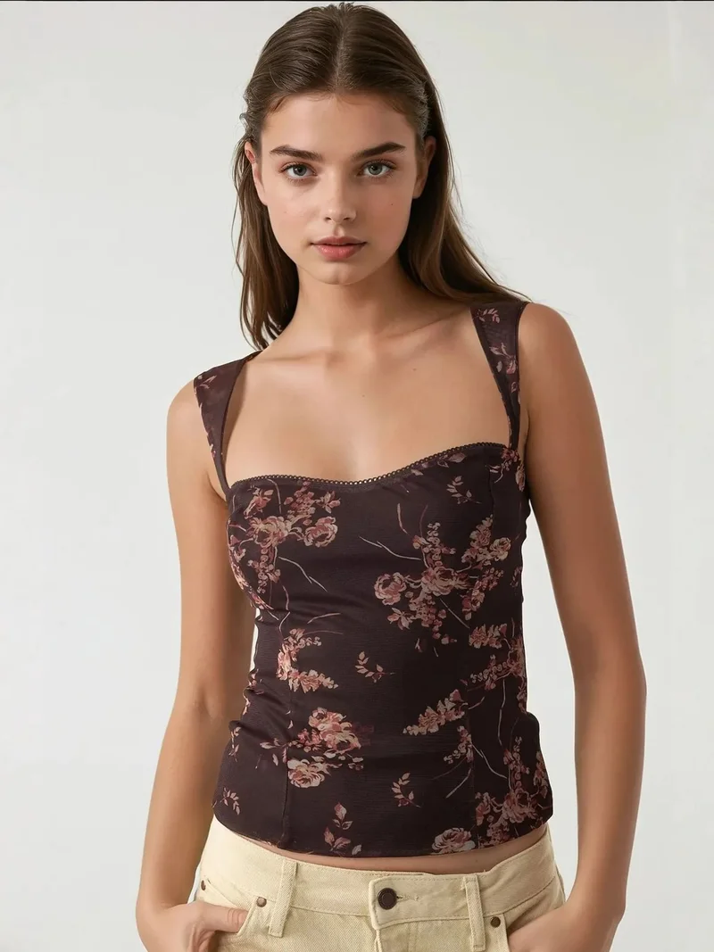 HICCUP Heart Collar Printed Tulle Top