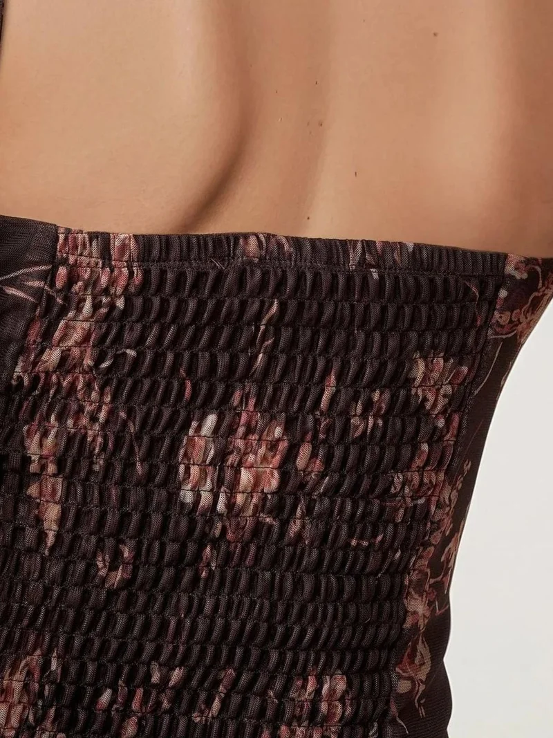 HICCUP Mocha Brown Heart Collar Printed Tulle Top for Women | Best Price UAE