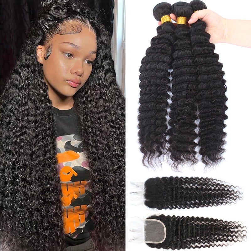 12A Brazilian Virgin Deep Wave Hair 3 Bundles with Closure 20 22 2418Closure 100 Unprocessed Virgin Brazilian Pineapple Wave Bundles with Closure Natural Color