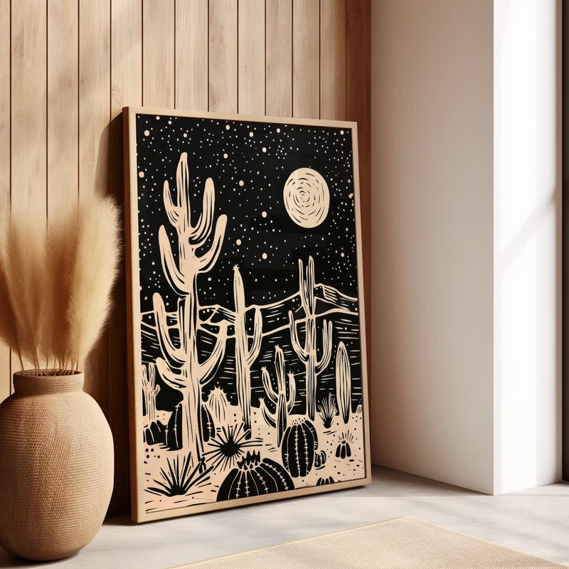 TNESSENTIAL Black Cream Cactus Field Desert Under the Moon Starry Night Dark Wall Art Poster or Canvas Print, Abstract Desert Night Sky Line Art Decor - Image 1